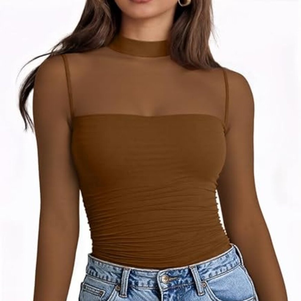 Women’s Mock Neck Sheer Long Sleeve Top – Pleated Slimming Mesh Blouse, Lightwei